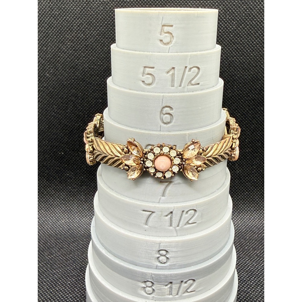 Antique Gold Tone Peach Cabochon Champagne Rhinestone Floral Stretch Bracelet